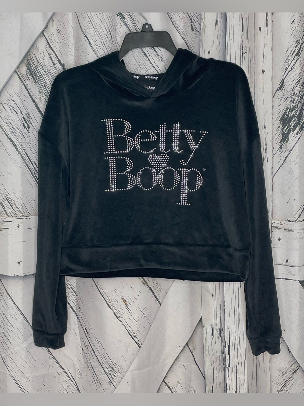 Betty Boop Black Velour Cropped Hoodie w/Rhinestones M